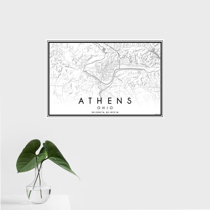 16x24 Athens Ohio Map Print Landscape Orientation in Classic Style With Tropical Plant Leaves in Water