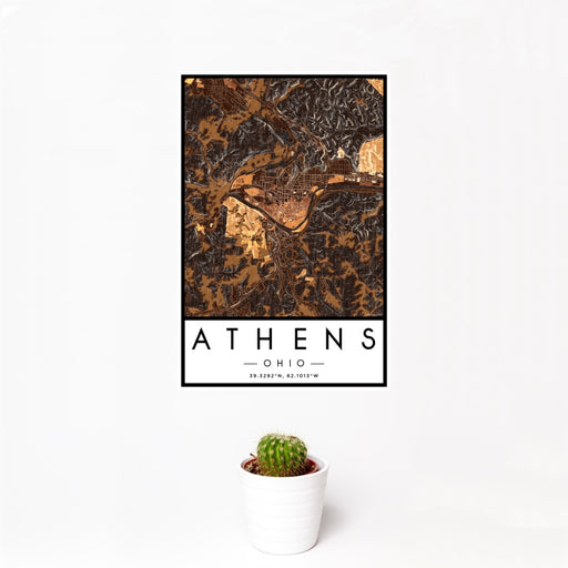 12x18 Athens Ohio Map Print Portrait Orientation in Ember Style With Small Cactus Plant in White Planter