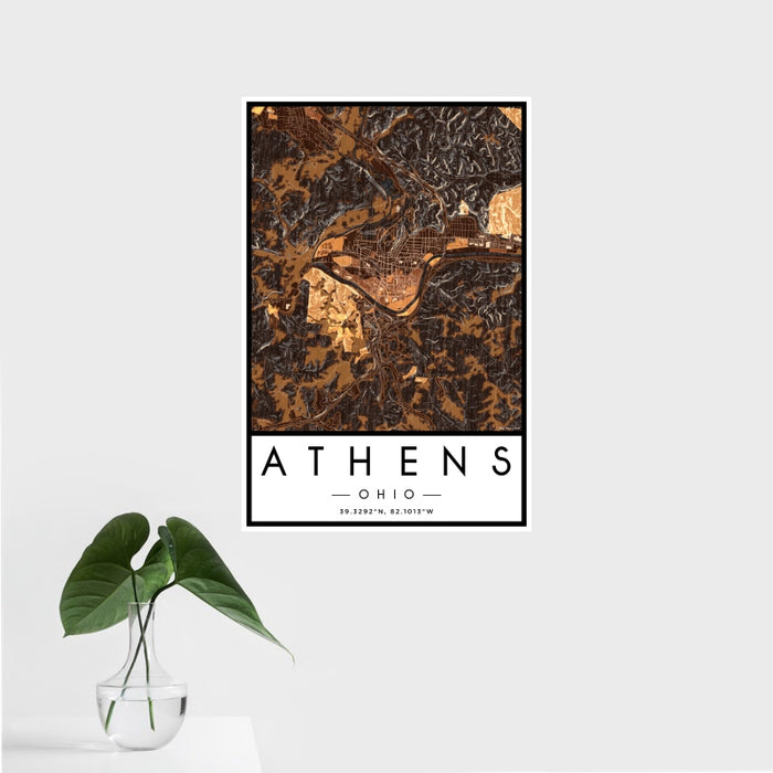 16x24 Athens Ohio Map Print Portrait Orientation in Ember Style With Tropical Plant Leaves in Water