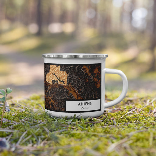Right View Custom Athens Ohio Map Enamel Mug in Ember on Grass With Trees in Background