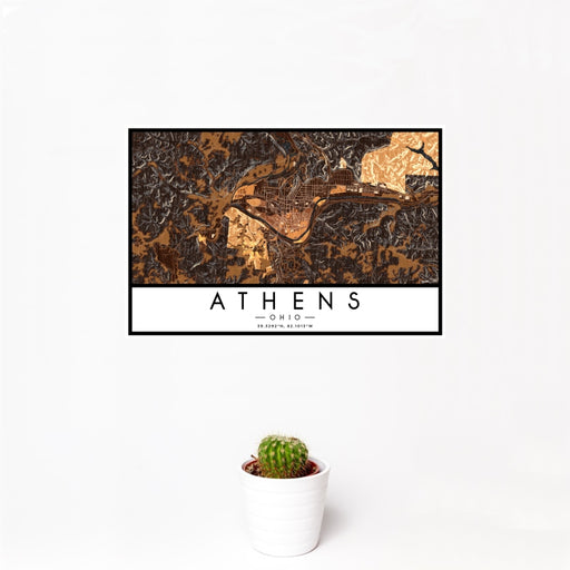 12x18 Athens Ohio Map Print Landscape Orientation in Ember Style With Small Cactus Plant in White Planter