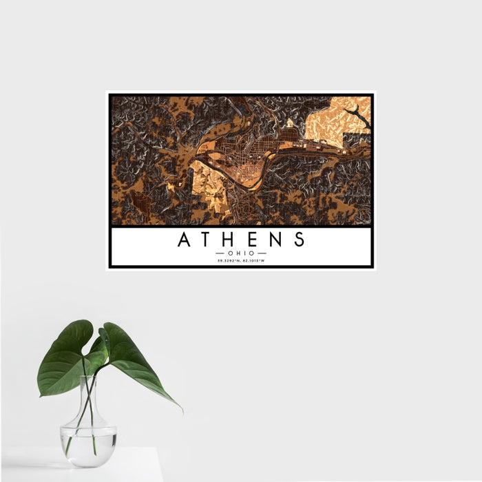16x24 Athens Ohio Map Print Landscape Orientation in Ember Style With Tropical Plant Leaves in Water