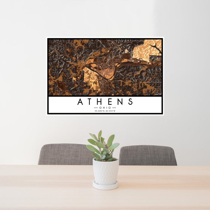 24x36 Athens Ohio Map Print Landscape Orientation in Ember Style Behind 2 Chairs Table and Potted Plant
