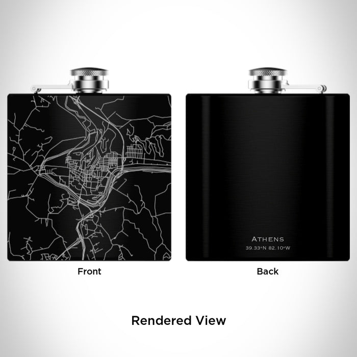 Rendered View of Athens Ohio Map Engraving on 6oz Stainless Steel Flask in Black