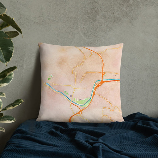 Custom Athens Ohio Map Throw Pillow in Watercolor on Bedding Against Wall