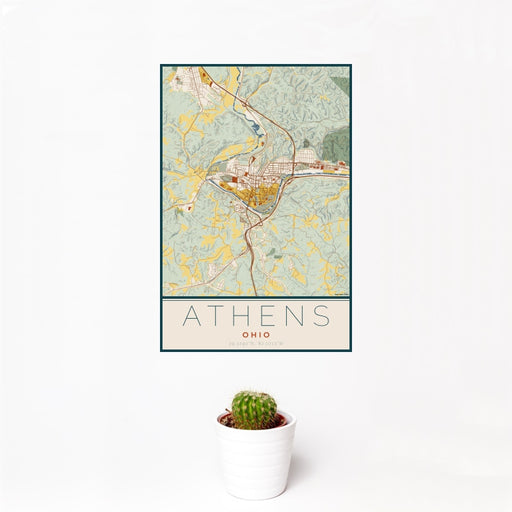 12x18 Athens Ohio Map Print Portrait Orientation in Woodblock Style With Small Cactus Plant in White Planter