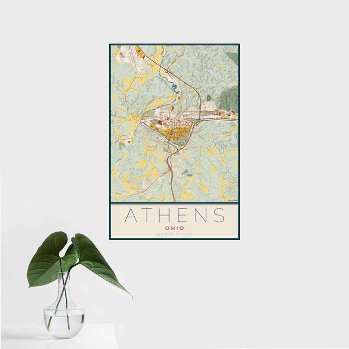 16x24 Athens Ohio Map Print Portrait Orientation in Woodblock Style With Tropical Plant Leaves in Water
