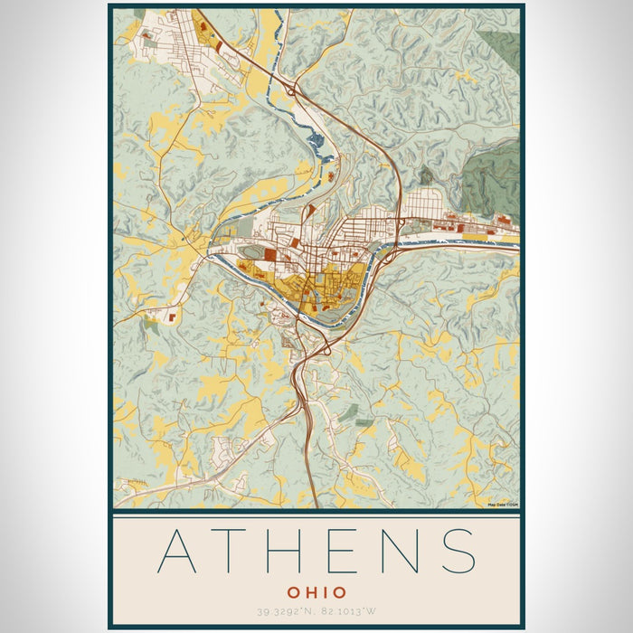 Athens Ohio Map Print Portrait Orientation in Woodblock Style With Shaded Background