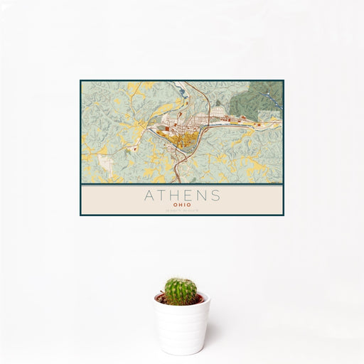 12x18 Athens Ohio Map Print Landscape Orientation in Woodblock Style With Small Cactus Plant in White Planter