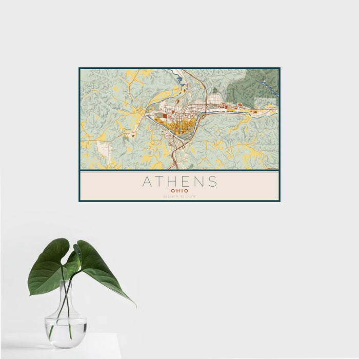 16x24 Athens Ohio Map Print Landscape Orientation in Woodblock Style With Tropical Plant Leaves in Water