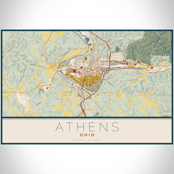 Athens Ohio Map Print Landscape Orientation in Woodblock Style With Shaded Background