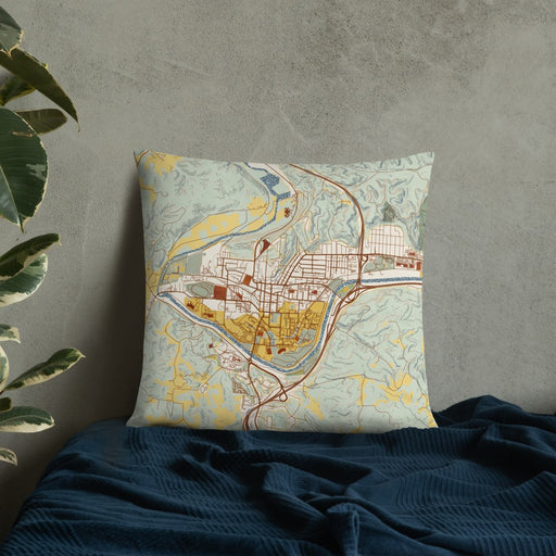 Custom Athens Ohio Map Throw Pillow in Woodblock on Bedding Against Wall