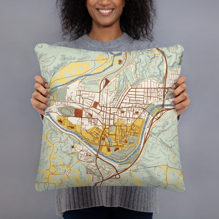 Person holding 18x18 Custom Athens Ohio Map Throw Pillow in Woodblock