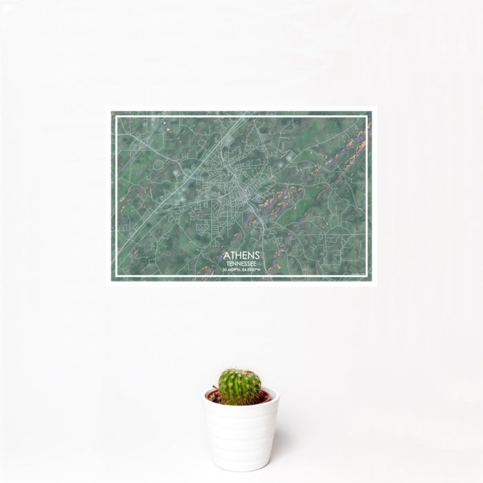 12x18 Athens Tennessee Map Print Landscape Orientation in Afternoon Style With Small Cactus Plant in White Planter