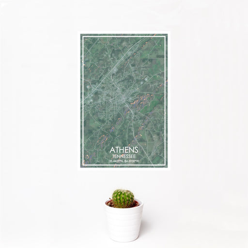 12x18 Athens Tennessee Map Print Portrait Orientation in Afternoon Style With Small Cactus Plant in White Planter
