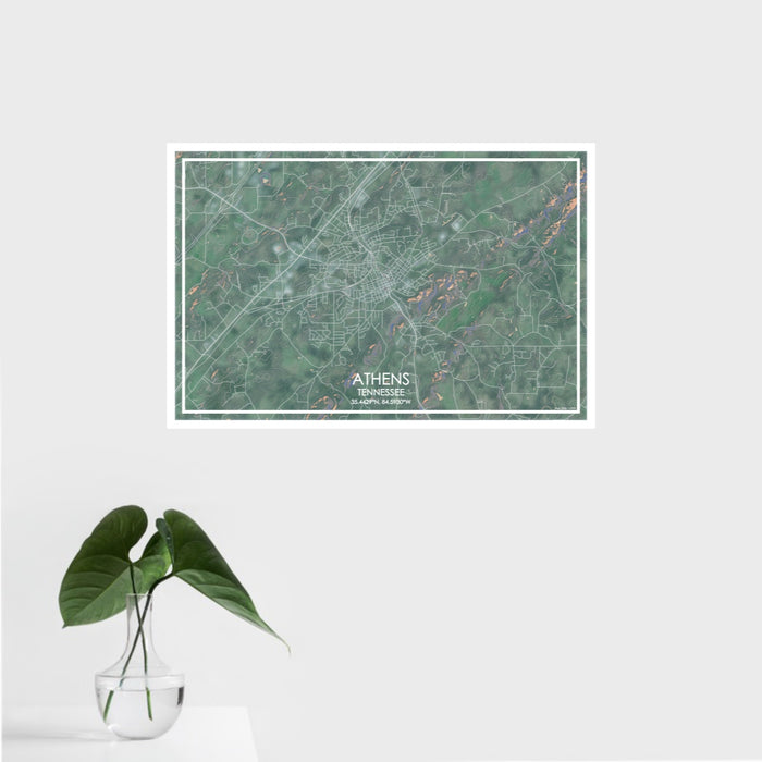 16x24 Athens Tennessee Map Print Landscape Orientation in Afternoon Style With Tropical Plant Leaves in Water