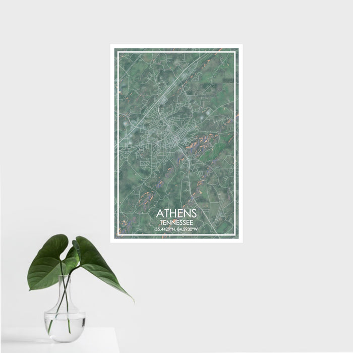 16x24 Athens Tennessee Map Print Portrait Orientation in Afternoon Style With Tropical Plant Leaves in Water