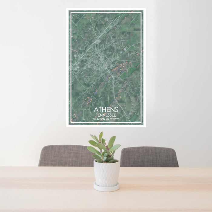 24x36 Athens Tennessee Map Print Portrait Orientation in Afternoon Style Behind 2 Chairs Table and Potted Plant