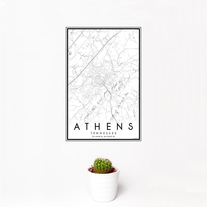 12x18 Athens Tennessee Map Print Portrait Orientation in Classic Style With Small Cactus Plant in White Planter
