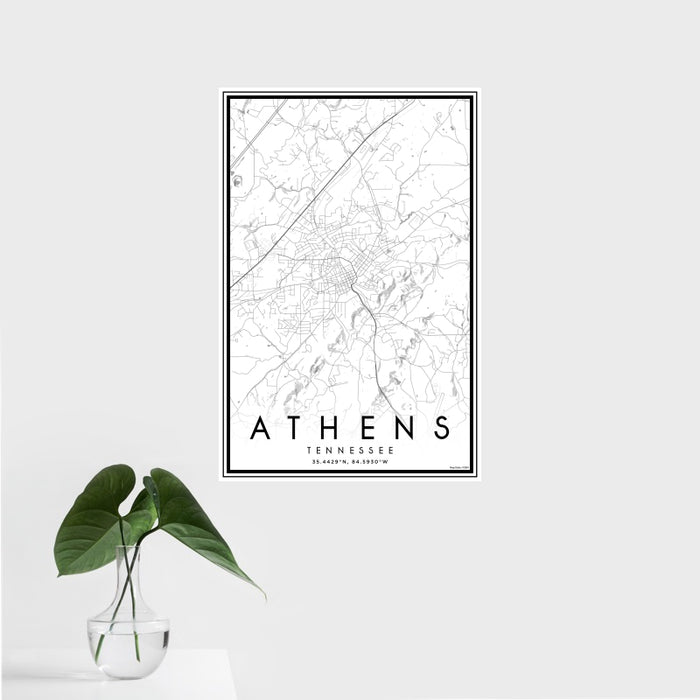 16x24 Athens Tennessee Map Print Portrait Orientation in Classic Style With Tropical Plant Leaves in Water