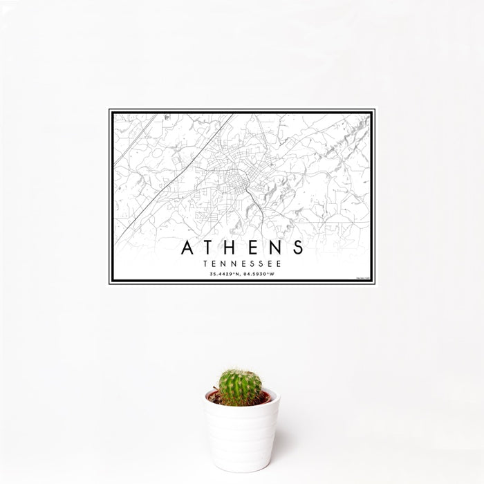 12x18 Athens Tennessee Map Print Landscape Orientation in Classic Style With Small Cactus Plant in White Planter