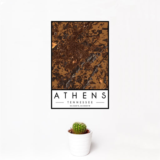12x18 Athens Tennessee Map Print Portrait Orientation in Ember Style With Small Cactus Plant in White Planter