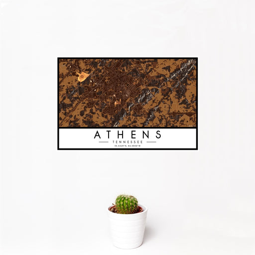12x18 Athens Tennessee Map Print Landscape Orientation in Ember Style With Small Cactus Plant in White Planter