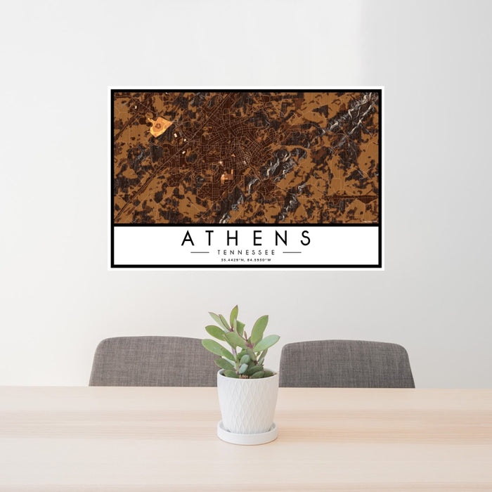 24x36 Athens Tennessee Map Print Landscape Orientation in Ember Style Behind 2 Chairs Table and Potted Plant