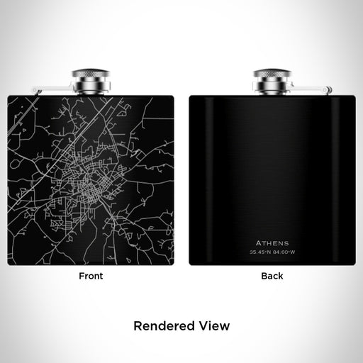 Rendered View of Athens Tennessee Map Engraving on 6oz Stainless Steel Flask in Black