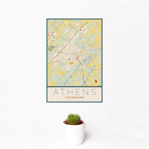 12x18 Athens Tennessee Map Print Portrait Orientation in Woodblock Style With Small Cactus Plant in White Planter