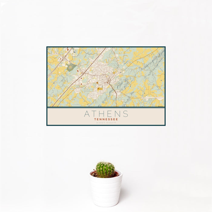 12x18 Athens Tennessee Map Print Landscape Orientation in Woodblock Style With Small Cactus Plant in White Planter