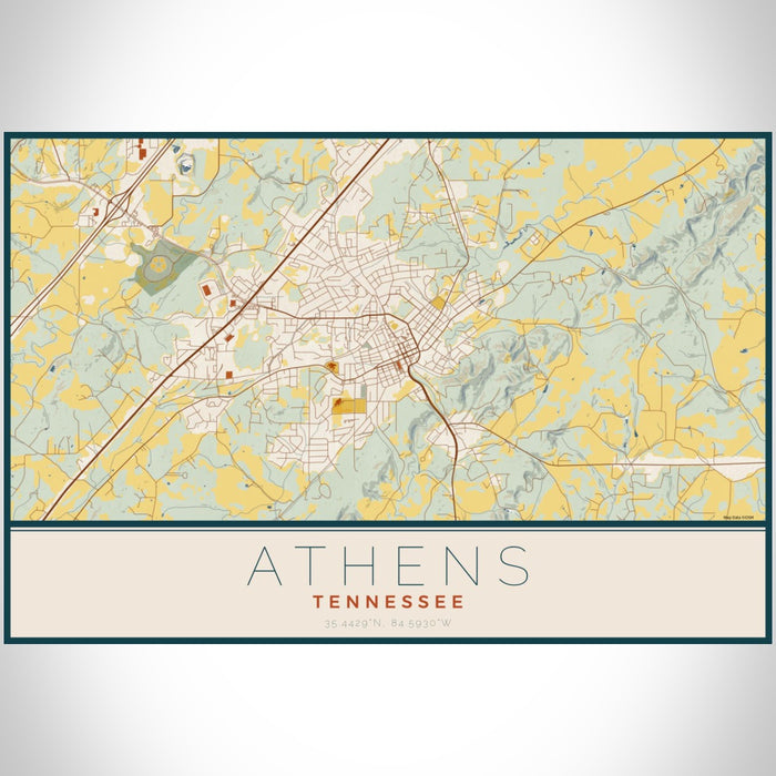 Athens Tennessee Map Print Landscape Orientation in Woodblock Style With Shaded Background