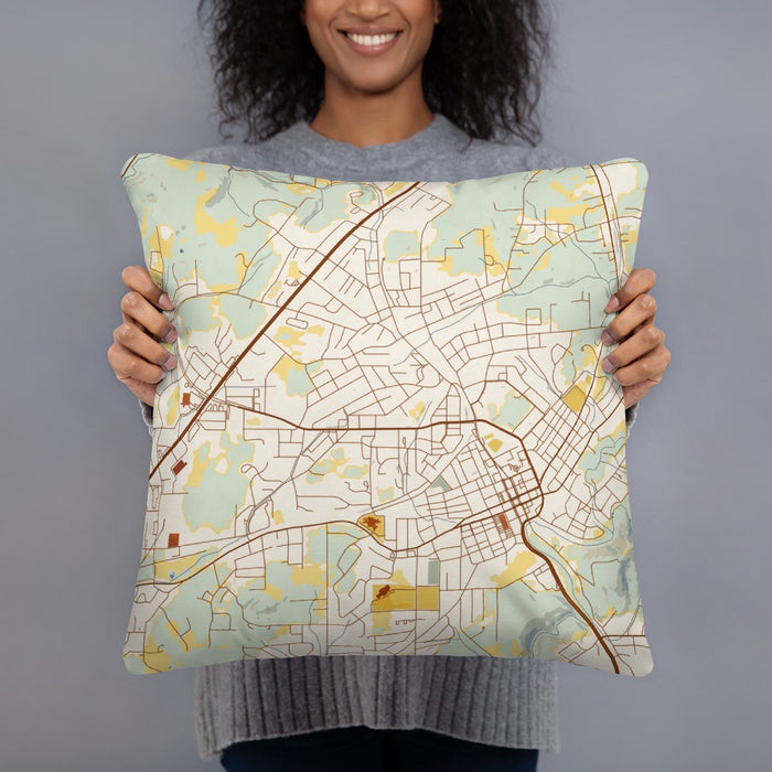 Person holding 18x18 Custom Athens Tennessee Map Throw Pillow in Woodblock