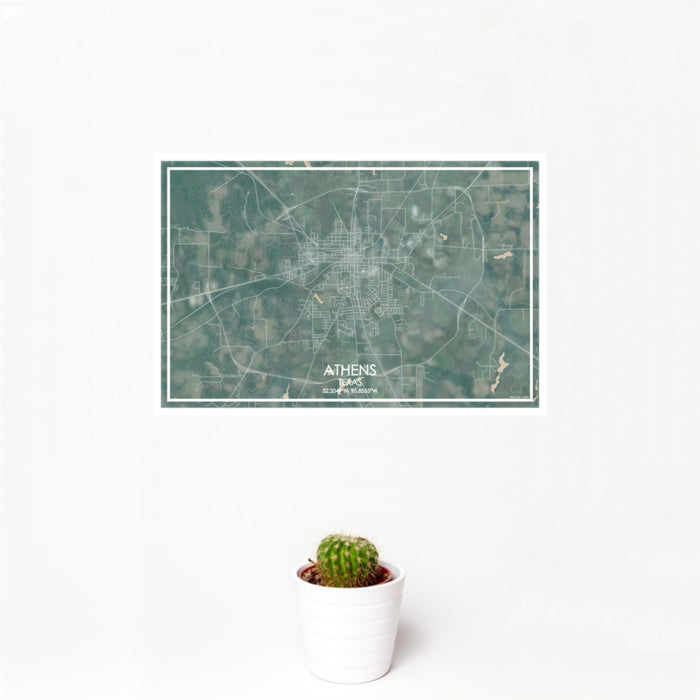 12x18 Athens Texas Map Print Landscape Orientation in Afternoon Style With Small Cactus Plant in White Planter