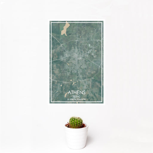 12x18 Athens Texas Map Print Portrait Orientation in Afternoon Style With Small Cactus Plant in White Planter