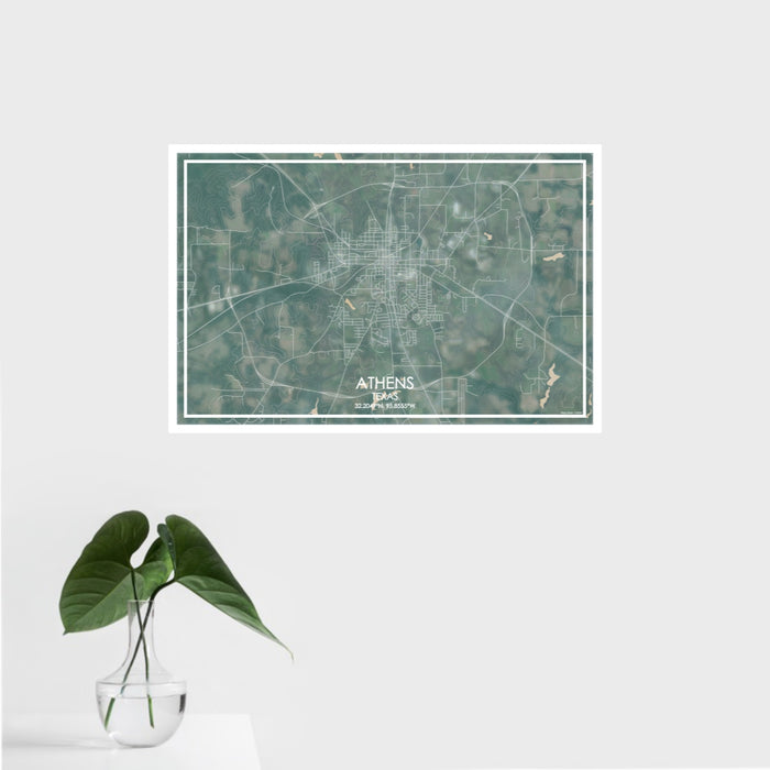16x24 Athens Texas Map Print Landscape Orientation in Afternoon Style With Tropical Plant Leaves in Water