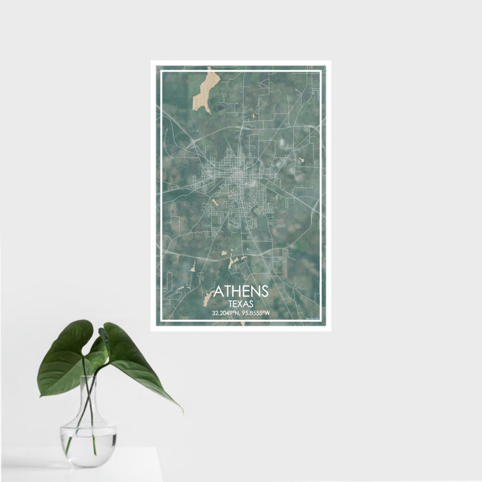 16x24 Athens Texas Map Print Portrait Orientation in Afternoon Style With Tropical Plant Leaves in Water