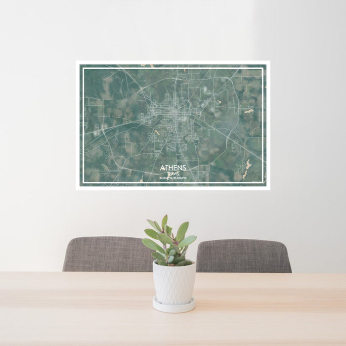 24x36 Athens Texas Map Print Lanscape Orientation in Afternoon Style Behind 2 Chairs Table and Potted Plant