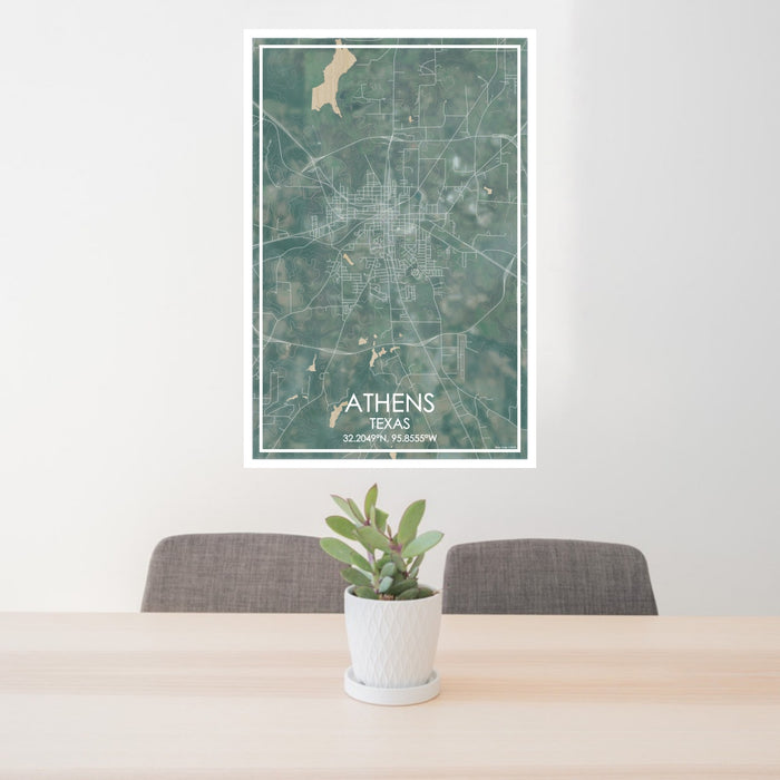24x36 Athens Texas Map Print Portrait Orientation in Afternoon Style Behind 2 Chairs Table and Potted Plant