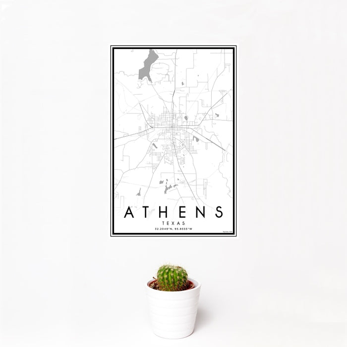 12x18 Athens Texas Map Print Portrait Orientation in Classic Style With Small Cactus Plant in White Planter
