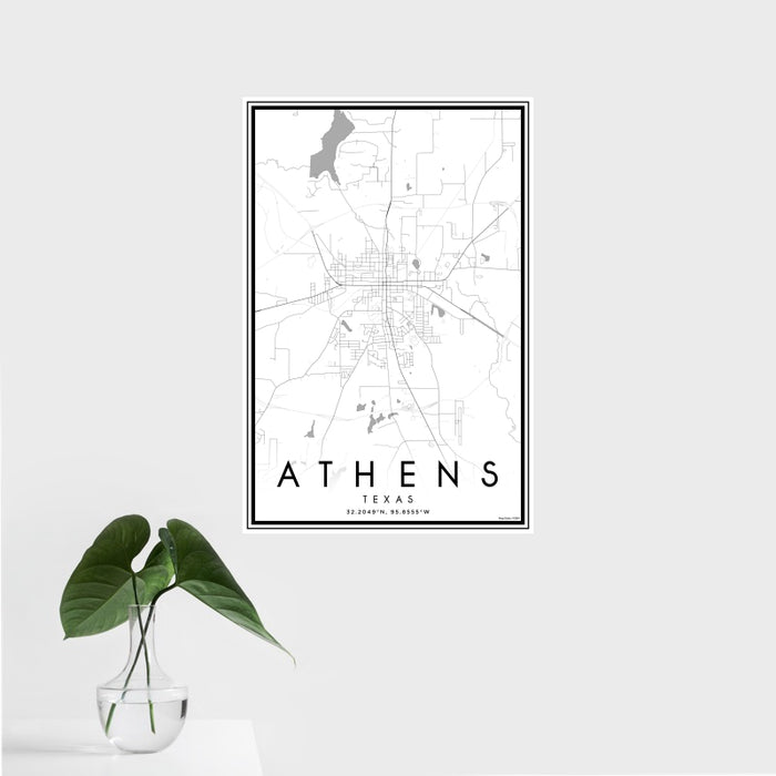 16x24 Athens Texas Map Print Portrait Orientation in Classic Style With Tropical Plant Leaves in Water