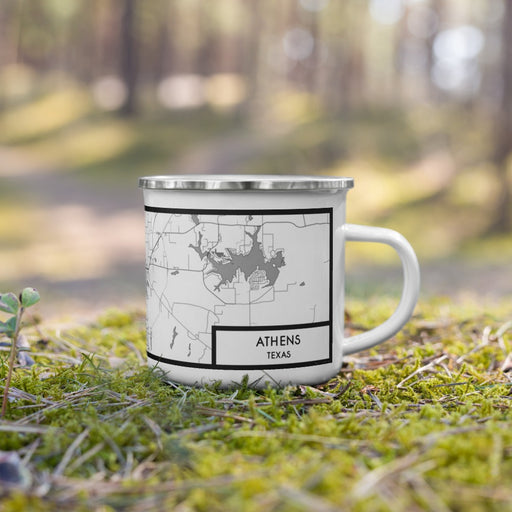 Right View Custom Athens Texas Map Enamel Mug in Classic on Grass With Trees in Background