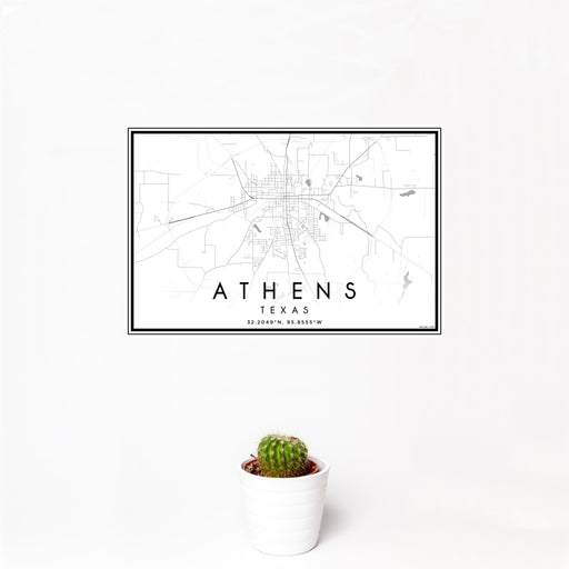 12x18 Athens Texas Map Print Landscape Orientation in Classic Style With Small Cactus Plant in White Planter