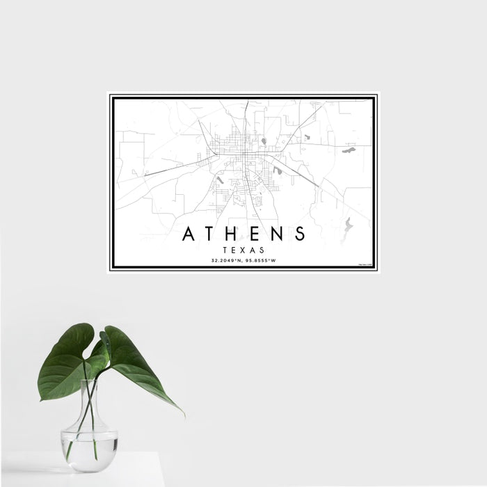 16x24 Athens Texas Map Print Landscape Orientation in Classic Style With Tropical Plant Leaves in Water