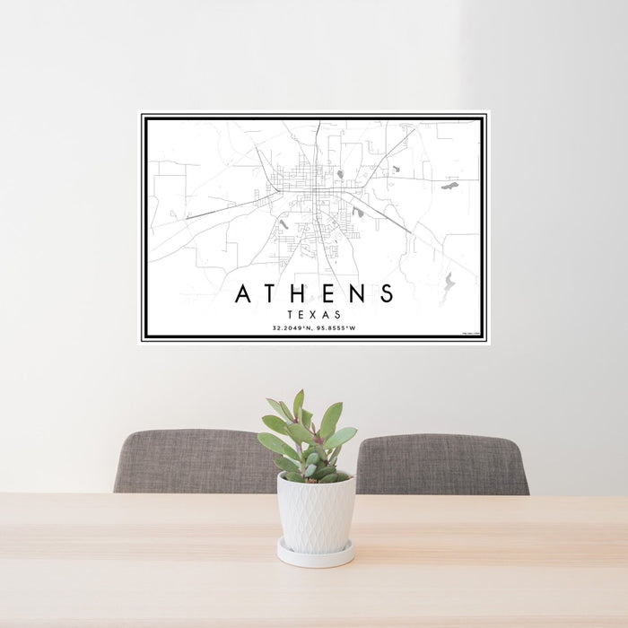 24x36 Athens Texas Map Print Landscape Orientation in Classic Style Behind 2 Chairs Table and Potted Plant