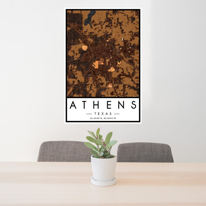24x36 Athens Texas Map Print Portrait Orientation in Ember Style Behind 2 Chairs Table and Potted Plant