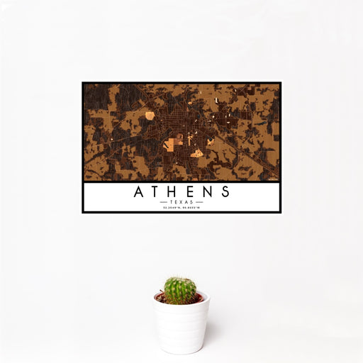 12x18 Athens Texas Map Print Landscape Orientation in Ember Style With Small Cactus Plant in White Planter