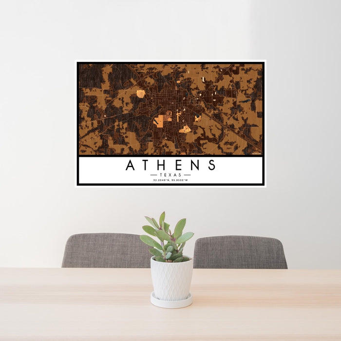 24x36 Athens Texas Map Print Landscape Orientation in Ember Style Behind 2 Chairs Table and Potted Plant