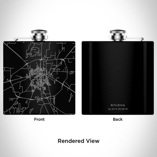 Rendered View of Athens Texas Map Engraving on 6oz Stainless Steel Flask in Black