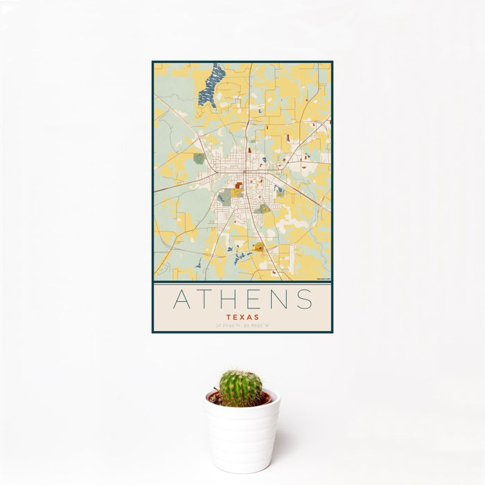 12x18 Athens Texas Map Print Portrait Orientation in Woodblock Style With Small Cactus Plant in White Planter